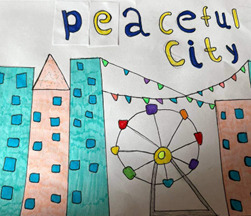 Drawing of a peaceful city with apartment buildings and a Ferris wheel.